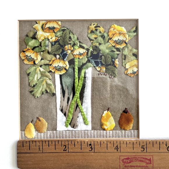 Fabric Collage by Wilda Northrop Yellow Flowers & Pear Signed Textile Art Floral - Picture 14 of 16